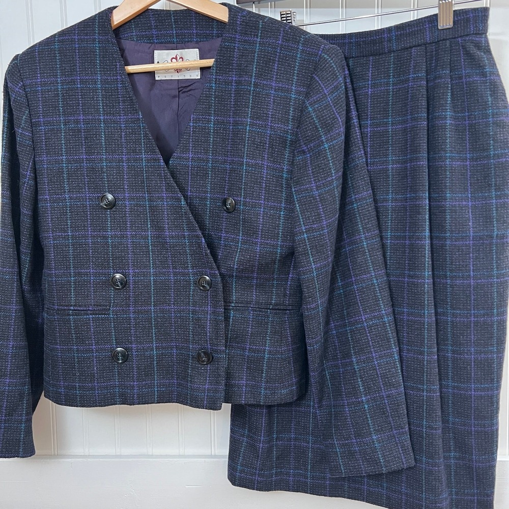 Vtg Club 5'4" Blazer Skirt Set Dark Academia Twee Plaid Double Breasted Made USA